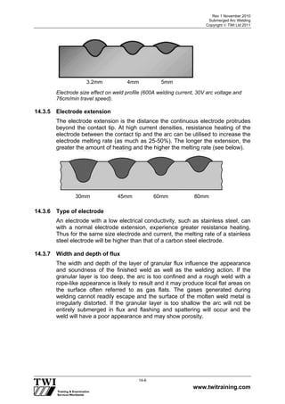 Rev 1 November 2010
Submerged Arc Welding
Copyright  TWI Ltd 2011
www.twitraining.com
14-6
Electrode size effect on weld profile (600A welding current, 30V arc voltage and
76cm/min travel speed).
14.3.5 Electrode extension
The electrode extension is the distance the continuous electrode protrudes
beyond the contact tip. At high current densities, resistance heating of the
electrode between the contact tip and the arc can be utilised to increase the
electrode melting rate (as much as 25-50%). The longer the extension, the
greater the amount of heating and the higher the melting rate (see below).
14.3.6 Type of electrode
An electrode with a low electrical conductivity, such as stainless steel, can
with a normal electrode extension, experience greater resistance heating.
Thus for the same size electrode and current, the melting rate of a stainless
steel electrode will be higher than that of a carbon steel electrode.
14.3.7 Width and depth of flux
The width and depth of the layer of granular flux influence the appearance
and soundness of the finished weld as well as the welding action. If the
granular layer is too deep, the arc is too confined and a rough weld with a
rope-like appearance is likely to result and it may produce local flat areas on
the surface often referred to as gas flats. The gases generated during
welding cannot readily escape and the surface of the molten weld metal is
irregularly distorted. If the granular layer is too shallow the arc will not be
entirely submerged in flux and flashing and spattering will occur and the
weld will have a poor appearance and may show porosity.
3.2mm 4mm 5mm
30mm 45mm 60mm 80mm
 