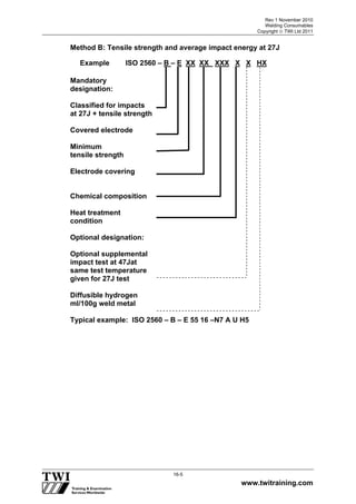 Rev 1 November 2010
Welding Consumables
Copyright  TWI Ltd 2011
www.twitraining.com
16-5
Method B: Tensile strength and average impact energy at 27J
Mandatory
designation:
Classified for impacts
at 27J + tensile strength
Covered electrode
Minimum
tensile strength
Electrode covering
Chemical composition
Heat treatment
condition
Optional designation:
Optional supplemental
impact test at 47Jat
same test temperature
given for 27J test
Diffusible hydrogen
ml/100g weld metal
Typical example: ISO 2560 – B – E 55 16 –N7 A U H5
Example ISO 2560 – B – E XX XX XXX X X HX
 