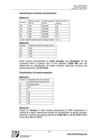 Rev 1 November 2010
Welding Consumables
Copyright  TWI Ltd 2011
www.twitraining.com
16-6
Classification of tensile characteristics
Method A
Method B
Symbol Minimum tensile strength, N/mm2
43 430
49 490
55 550
57 570
Other tensile characteristics ie yield strength and elongation % are
contained within a tabular form in this standard (Table 8B) and are
determined by classification of tensile strength, electrode covering and
alloying elements, ie E 55 16-N7.
Classification of impact properties
Method A
Symbol Temperature for the minimum
average impact energy of 47J
Z No requirement
A +20
0 0
2 -20
3 -30
4 -40
5 -50
6 -60
Method B
Impact or Charpy V notch testing temperature at 27J temperature in
method B is again determined through the classification of tensile strength,
electrode covering and alloying elements (Table 8B) ie a E 55 16-N7 which
must reach 27J at –75°C.
Symbol
Minimum yield
N/mm2
Tensile strength,
N/mm2
Minimum E% b,
N/mm2
35 355 440-570 22
38 380 470-600 20
42 420 500-640 20
46 460 530-680 20
50 500 560-720 18
Lower yield Rel shall be used. b Gauge length = 5 x 
 