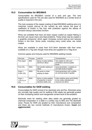 Rev 1 November 2010
Welding Consumables
Copyright  TWI Ltd 2011
www.twitraining.com
16-12
16.5 Consumables for MIG/MAG
Consumables for MIG/MAG consist of a wire and gas. The wire
specifications used for TIG are also used for MIG/MAG as a similar level of
quality is required in the wire.
The main purpose of the copper coating of steel MIG/MAG welding wire is to
maximise current pick-up at the contact tip and reduce the level of
coefficient of friction in the liner with protection against the effects of
corrosion being a secondary function.
Wires are available that have not been copper coated as copper flaking in
the liner can cause many wire feed problems. These wires may be coated in
a graphite compound, which again increases current pick-up and reduces
friction in the liner. Some wires, including many cored wires, are nickel
coated.
Wires are available in sizes from 0.6-1.6mm diameter with finer wires
available on a 1kg reel, though most wires are supplied on a 15kg drum.
Common gases and mixtures used for MIG/MAG welding include:
Gas type Process Used for Characteristics
Pure argon MIG Spray or pulse welding
aluminium alloys
Very stable arc with poor
penetration and low spatter
levels.
Pure CO2 MAG Dip transfer welding of
steels
Good penetration, unstable arc
and high levels of spatter.
Argon +
5-20% CO2
MAG Dip spray or pulse
welding of steels
Good penetration with a stable
arc and low levels of spatter.
Argon +
1-2% O2 or
CO2
MAG Spray or pulse welding
of austenitic or ferritic
stainless steels only
Active additive gives good fluidity
to the molten stainless and
improves toe blend.
16.6 Consumables for SAW welding
Consumables for SAW consist of an electrode wire and flux. Electrode wires
are normally high quality and for welding C-Mn steels are generally graded
on their increasing carbon and manganese content level of de-oxidation.
Electrode wires for welding other alloy steels are generally graded by
chemical composition in a table in a similar way to MIG and TIG electrode
wires. Fluxes for SAW are graded by their manufacture and composition
and there are two normal methods of manufacture known, fused and
agglomerated.
 
