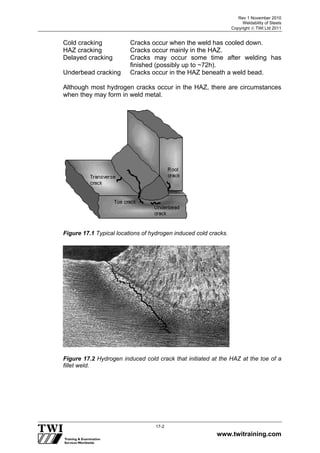 Rev 1 November 2010
Weldability of Steels
Copyright  TWI Ltd 2011
www.twitraining.com
17-2
Cold cracking Cracks occur when the weld has cooled down.
HAZ cracking Cracks occur mainly in the HAZ.
Delayed cracking Cracks may occur some time after welding has
finished (possibly up to ~72h).
Underbead cracking Cracks occur in the HAZ beneath a weld bead.
Although most hydrogen cracks occur in the HAZ, there are circumstances
when they may form in weld metal.
Figure 17.1 Typical locations of hydrogen induced cold cracks.
Figure 17.2 Hydrogen induced cold crack that initiated at the HAZ at the toe of a
fillet weld.
 