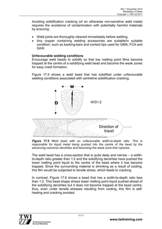 Rev 1 November 2010
Weldability of Steels
Copyright  TWI Ltd 2011
www.twitraining.com
17-11
Avoiding solidification cracking (of an otherwise non-sensitive weld metal)
requires the avoidance of contamination with potentially harmful materials
by ensuring:
 Weld joints are thoroughly cleaned immediately before welding.
 Any copper containing welding accessories are suitable/in suitable
condition, such as backing-bars and contact tips used for GMA, FCA and
SAW.
Unfavourable welding conditions
Encourage weld beads to solidify so that low melting point films become
trapped at the centre of a solidifying weld bead and become the weak zones
for easy crack formation.
Figure 17.5 shows a weld bead that has solidified under unfavourable
welding conditions associated with centreline solidification cracking.
Figure 17.5 Weld bead with an unfavourable width-to-depth ratio. This is
responsible for liquid metal being pushed into the centre of the bead by the
advancing columnar dendrites and becoming the weak zone that ruptures.
The weld bead has a cross-section that is quite deep and narrow – a width-
to-depth ratio greater than 1:2 and the solidifying dendrites have pushed the
lower melting point liquid to the centre of the bead where it has become
trapped. Since the surrounding material is shrinking as a result of cooling,
this film would be subjected to tensile stress, which leads to cracking.
In contrast, Figure 17.6 shows a bead that has a width-to-depth ratio less
than 1:2. This bead shape shows lower melting point liquid pushed ahead of
the solidifying dendrites but it does not become trapped at the bead centre,
thus, even under tensile stresses resulting from cooling, this film is self-
healing and cracking avoided.
WW
DD
direction of
travel
W/D1:2
Direc o ft oni
ravelt
 