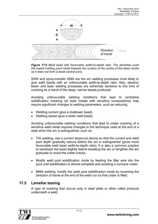 Rev 1 November 2010
Weldability of Steels
Copyright  TWI Ltd 2011
www.twitraining.com
17-12
Figure 17.6 Weld bead with favourable width-to-depth ratio. The dendrites push
the lowest melting point metal towards the surface at the centre of the bead centre
so it does not form a weak central zone.
SAW and spray-transfer GMA are the arc welding processes most likely to
give weld beads with an unfavourable width-to-depth ratio. Also, electron
beam and laser welding processes are extremely sensitive to this kind of
cracking as a result of the deep, narrow beads produced.
Avoiding unfavourable welding conditions that lead to centreline
solidification cracking (of weld metals with sensitive compositions) may
require significant changes to welding parameters, such as reducing:
 Welding current (give a shallower bead).
 Welding speed (give a wider weld bead).
Avoiding unfavourable welding conditions that lead to crater cracking of a
sensitive weld metal requires changes to the technique used at the end of a
weld when the arc is extinguished, such as:
 TIG welding, use a current slope-out device so that the current and weld
pool depth gradually reduce before the arc is extinguished (gives more
favourable weld bead width-to-depth ratio). It is also a common practice
to backtrack the bead slightly before breaking the arc or lengthen the arc
gradually to avoid the crater cracks.
 Modify weld pool solidification mode by feeding the filler wire into the
pool until solidification is almost complete and avoiding a concave crater.
 MMA welding; modify the weld pool solidification mode by reversing the
direction of travel at the end of the weld run so that crater is filled.
17.5 Lamellar tearing
A type of cracking that occurs only in steel plate or other rolled products
underneath a weld.
W
D
Direction
of travel
 