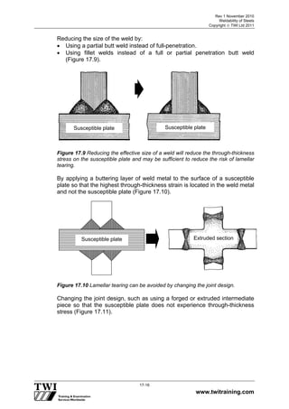 Rev 1 November 2010
Weldability of Steels
Copyright  TWI Ltd 2011
www.twitraining.com
17-16
Reducing the size of the weld by:
 Using a partial butt weld instead of full-penetration.
 Using fillet welds instead of a full or partial penetration butt weld
(Figure 17.9).
Figure 17.9 Reducing the effective size of a weld will reduce the through-thickness
stress on the susceptible plate and may be sufficient to reduce the risk of lamellar
tearing.
By applying a buttering layer of weld metal to the surface of a susceptible
plate so that the highest through-thickness strain is located in the weld metal
and not the susceptible plate (Figure 17.10).
Figure 17.10 Lamellar tearing can be avoided by changing the joint design.
Changing the joint design, such as using a forged or extruded intermediate
piece so that the susceptible plate does not experience through-thickness
stress (Figure 17.11).
Susceptible plate Susceptible plate
susceptible plate extruded sectionSusceptible plate Extruded section
 