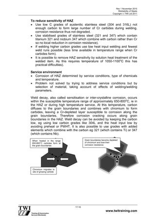 Rev 1 November 2010
Weldability of Steels
Copyright  TWI Ltd 2011
www.twitraining.com
17-18
To reduce sensitivity of HAZ
 Use low C grades of austenitic stainless steel (304 and 316L) not
enough carbon to form large number of Cr carbides during welding,
corrosion resistance thus not degraded.
 Use stabilised grades of stainless steel (321 and 347) which contain
titanium 321 and niobium 347 which combine with carbon rather than Cr
so no local reduction in corrosion resistance).
 If welding higher carbon grades use low heat input welding and fewest
weld runs possible (less time available in temperature range when Cr
carbides form).
 It is possible to remove HAZ sensitivity by solution heat treatment of the
welded item. As this requires temperature of 1050-1100o
C this has
practical difficulties).
Service environment
 Corrosion of HAZ determined by service conditions, type of chemicals
and temperature.
 Problem not solved by trying to address service conditions but by
selection of material, taking account of effects of welding/welding
parameters.
Weld decay, also called sensitisation or inter-crystalline corrosion, occurs
within the susceptible temperature range of approximately 650-800o
C, ie in
the HAZ or during high temperature service. At this temperature, carbon
diffuses to the grain boundaries and combines with chromium to form
carbides, leaving a Cr-depleted layer susceptible to corrosion along the
grain boundaries. Therefore corrosion cracking occurs along grain
boundaries in the HAZ. Weld decay can be avoided by keeping the carbon
low, eg using low carbon grades like 304L and the heat input low by
avoiding preheat or PWHT. It is also possible to use grades with added
elements which combine with the carbon eg 321 (which contains Ti) or 347
(which contains Nb).
Chromium migrates to
site of growing carbide
Grain boundaries become depleted
of chromium and lose their
corrosion resistance
When heated in the range
650-800°C carbides form at
the grain boundaries
 