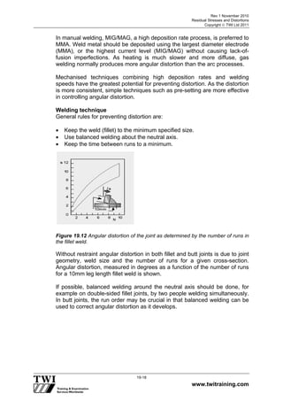 Rev 1 November 2010
Residual Stresses and Distortions
Copyright  TWI Ltd 2011
www.twitraining.com
19-18
In manual welding, MIG/MAG, a high deposition rate process, is preferred to
MMA. Weld metal should be deposited using the largest diameter electrode
(MMA), or the highest current level (MIG/MAG) without causing lack-of-
fusion imperfections. As heating is much slower and more diffuse, gas
welding normally produces more angular distortion than the arc processes.
Mechanised techniques combining high deposition rates and welding
speeds have the greatest potential for preventing distortion. As the distortion
is more consistent, simple techniques such as pre-setting are more effective
in controlling angular distortion.
Welding technique
General rules for preventing distortion are:
 Keep the weld (fillet) to the minimum specified size.
 Use balanced welding about the neutral axis.
 Keep the time between runs to a minimum.
Figure 19.12 Angular distortion of the joint as determined by the number of runs in
the fillet weld.
Without restraint angular distortion in both fillet and butt joints is due to joint
geometry, weld size and the number of runs for a given cross-section.
Angular distortion, measured in degrees as a function of the number of runs
for a 10mm leg length fillet weld is shown.
If possible, balanced welding around the neutral axis should be done, for
example on double-sided fillet joints, by two people welding simultaneously.
In butt joints, the run order may be crucial in that balanced welding can be
used to correct angular distortion as it develops.
 