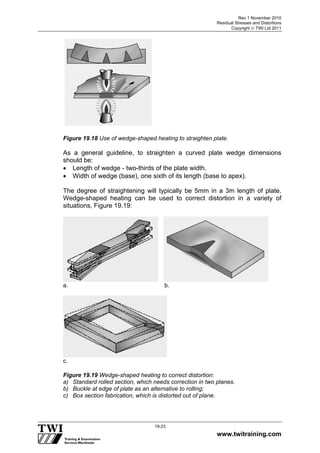 Rev 1 November 2010
Residual Stresses and Distortions
Copyright  TWI Ltd 2011
www.twitraining.com
19-23
Figure 19.18 Use of wedge-shaped heating to straighten plate.
As a general guideline, to straighten a curved plate wedge dimensions
should be:
 Length of wedge - two-thirds of the plate width.
 Width of wedge (base), one sixth of its length (base to apex).
The degree of straightening will typically be 5mm in a 3m length of plate.
Wedge-shaped heating can be used to correct distortion in a variety of
situations, Figure 19.19:
a. b.
c.
Figure 19.19 Wedge-shaped heating to correct distortion:
a) Standard rolled section, which needs correction in two planes.
b) Buckle at edge of plate as an alternative to rolling;
c) Box section fabrication, which is distorted out of plane.
 