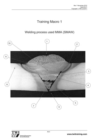 Rev 1 November 2010
Appendix 5
Copyright  TWI Ltd 2011
www.twitraining.com
A5-4
Training Macro 1
Welding process used MMA (SMAW)
1
6
2
8
5
10
7
9
3
4
 