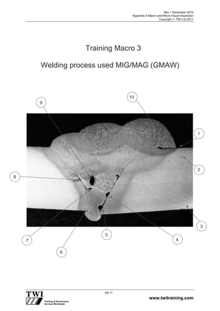 Rev 1 November 2010
Appendix 5 Macro and Micro Visual Inspection
Copyright  TWI Ltd 2011
www.twitraining.com
A5-11
Training Macro 3
Welding process used MIG/MAG (GMAW)
10
9
8
7
6
5
4
1
2
3
 