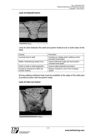 Rev 1 November 2010
Welding Imperfections and Materials Inspection
Copyright  TWI Ltd 2011
www.twitraining.com
3-14
Lack of sidewall fusion
Lack of union between the weld and parent metal at one or both sides of the
weld.
Causes Prevention
Low heat input to weld Increase arc voltage and/or welding current;
decrease travel speed
Molten metal flooding ahead of arc Improve electrode angle and work position;
increase travel speed
Oxide or scale on weld preparation Improve edge preparation procedure
Excessive inductance in MAG dip
transfer welding
Reduce inductance, even if this increases
spatter
During welding sufficient heat must be available at the edge of the weld pool
to produce fusion with the parent metal.
Lack of inter-run fusion
 