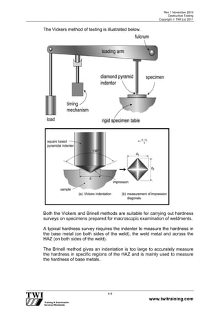Rev 1 November 2010
Destructive Testing
Copyright  TWI Ltd 2011
www.twitraining.com
4-9
The Vickers method of testing is illustrated below.
Both the Vickers and Brinell methods are suitable for carrying out hardness
surveys on specimens prepared for macroscopic examination of weldments.
A typical hardness survey requires the indenter to measure the hardness in
the base metal (on both sides of the weld), the weld metal and across the
HAZ (on both sides of the weld).
The Brinell method gives an indentation is too large to accurately measure
the hardness in specific regions of the HAZ and is mainly used to measure
the hardness of base metals.
2
dd
d 21 

 