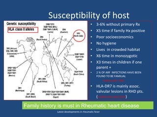 Susceptibility of host
• 3-6% without primary Rx
• X5 time if family Hx positive
• Poor socioeconomics
• No hygiene
• Lives in crowded habitat
• X6 time in monozygotic
• X3 times in children if one
parent +
• 2 % OF ARF INFECTIONS HAVE BEEN
FOUND TO BE FAMILIAL
Padmavathi 1962
• HLA-DR7 is mainly assoc.
valvular lesions in RHD pts.
(Guilherme etal.2007)
Family history is must in Rheumatic heart disease
Latest developments in rheumatic fever
 
