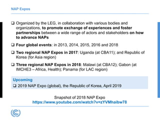 NAP Expos
q Organized by the LEG, in collaboration with various bodies and
organizations, to promote exchange of experiences and foster
partnerships between a wide range of actors and stakeholders on how
to advance NAPs
q Four global events: in 2013, 2014, 2015, 2016 and 2018
q Two regional NAP Expos in 2017: Uganda (at CBA11); and Republic of
Korea (for Asia region)
q Three regional NAP Expos in 2018: Malawi (at CBA12); Gabon (at
IMCHE3 – Africa, Health); Panama (for LAC region)
Upcoming
q 2019 NAP Expo (global), the Republic of Korea, April 2019
Snapshot of 2018 NAP Expo
https://www.youtube.com/watch?v=zYVMhaibw78
 