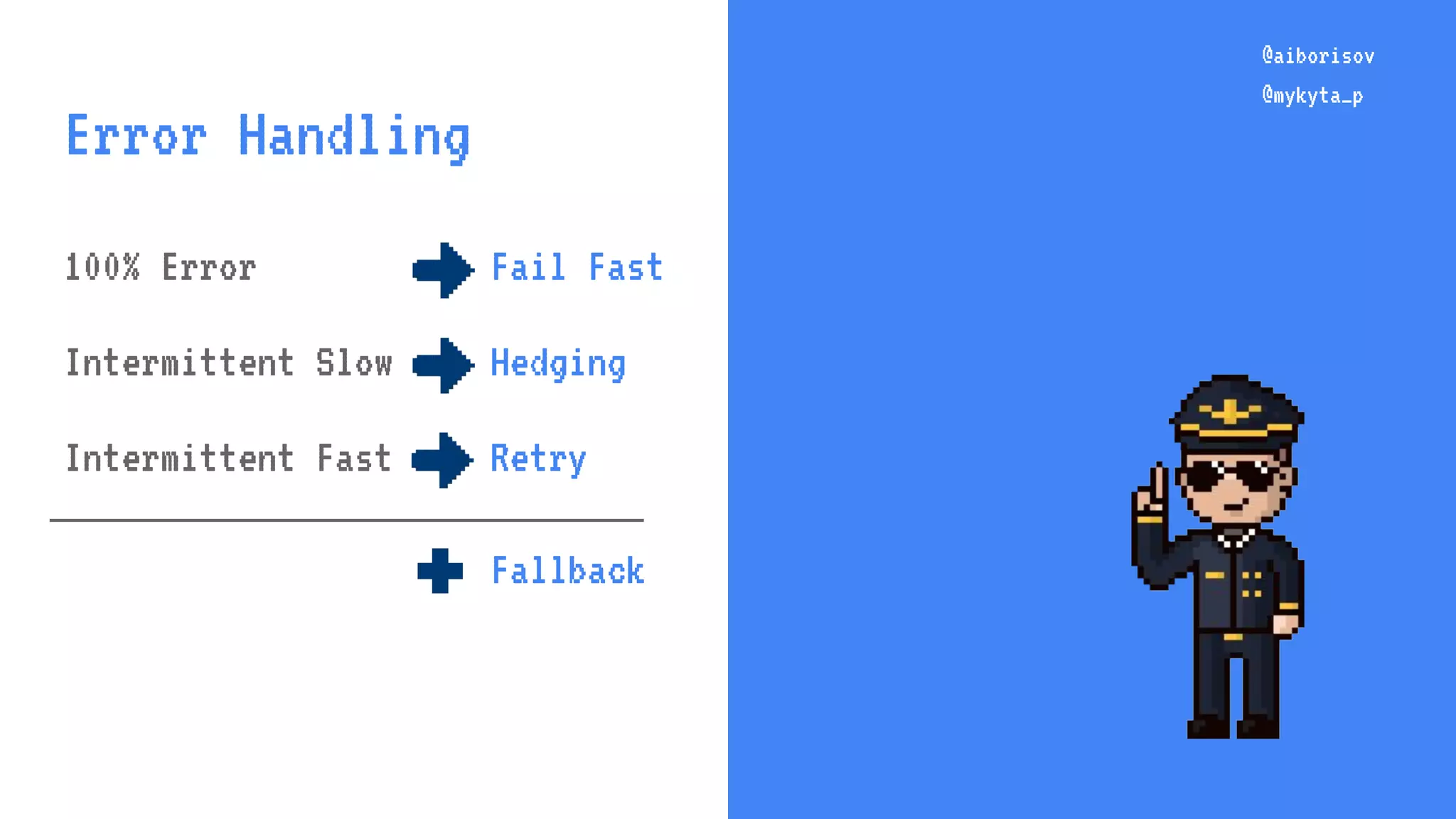 @aiborisov @mykyta_p @aiborisov @mykyta_p Error Handling 100% Error Fail Fast Intermittent Slow Hedging Intermittent Fast Retry Fallback✚ 