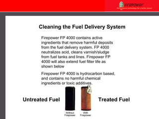 Firepower  FP 4000  contains  active ingredients that remove harmful deposits from the fuel delivery system .  FP 4000 neutralizes acid,  cleans varnish/sludge from fuel tanks and lines . Firepower FP 4000 will also extend fuel filter life as shown below Firepower  FP 4000 is  hydrocarbon based,  and  contain s  no harmful chemical ingredients or toxic additives . Cleaning the Fuel Delivery System Untreated Fuel Treated Fuel 