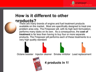 There are many brands of engine and fuel treatment products available on the market.  Most are specifically designed to treat one problem area only. The Firepower pill, with its high tech formulation, performs many tasks on its own.  As a consequence, the  cost of treatment  is far less than having to buy four or more separate products. The Firepower pill performs each of these treatments to a very high quality standard How is it different to other products? Octane booster Injector cleaner Smoke inhibitor Lead replacement 4 products in 1! 