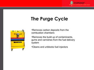 Removes  carbon deposits from the  combustion chambers  R emove s  the build up of contamina n ts, gums and varnishes   from the fuel delivery system Cleans and unblocks fuel injectors The Purge Cycle 