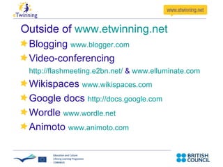 Reasons to   use eTwinning: It is a free resource Safe  online environment No application form or lengthy admin process Could be your 1 st  step or could enhance an existing link Real context for learning Develop ICT skills 