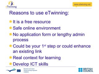 Outside of  www.etwinning.net   Blogging  www.blogger.com  Video-conferencing  http://flashmeeting.e2bn.net/   &  www.elluminate.com   Wikispaces  www.wikispaces.com   Google docs  http://docs.google.com   Wordle  www.wordle.net  Animoto  www.animoto.com   