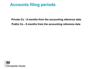 Accounts filing periods
Private Co - 9 months from the accounting reference date
Public Co - 6 months from the accounting reference date
 