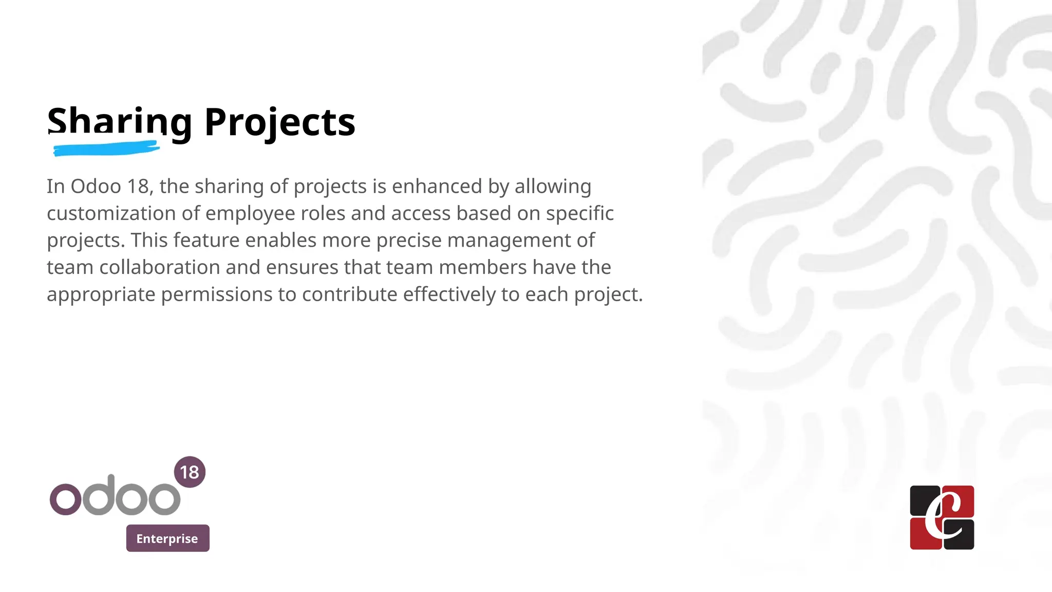 Enterprise
Sharing Projects
In Odoo 18, the sharing of projects is enhanced by allowing
customization of employee roles and access based on specific
projects. This feature enables more precise management of
team collaboration and ensures that team members have the
appropriate permissions to contribute effectively to each project.
 