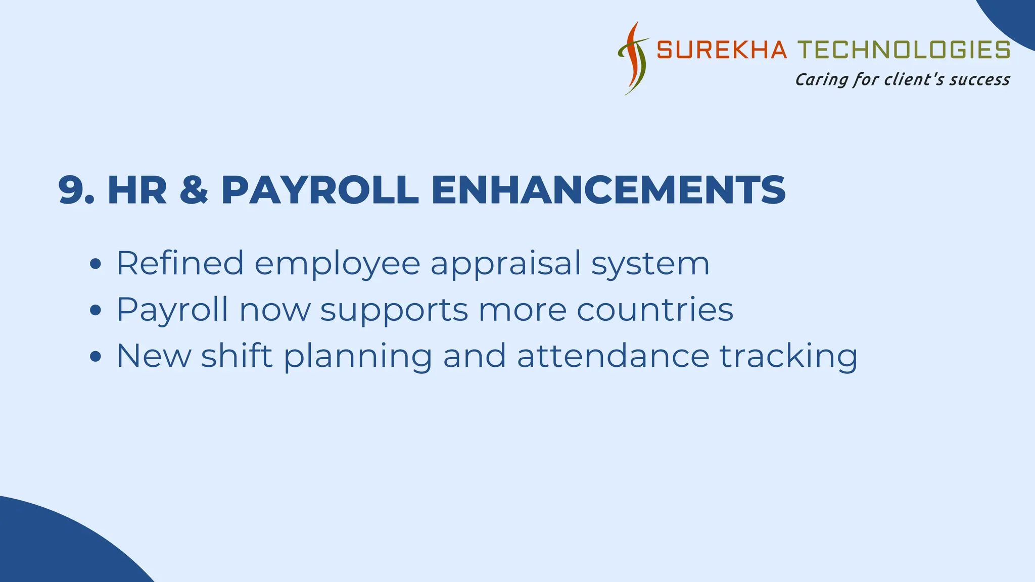 9. HR & PAYROLL ENHANCEMENTS
Refined employee appraisal system
Payroll now supports more countries
New shift planning and attendance tracking
 