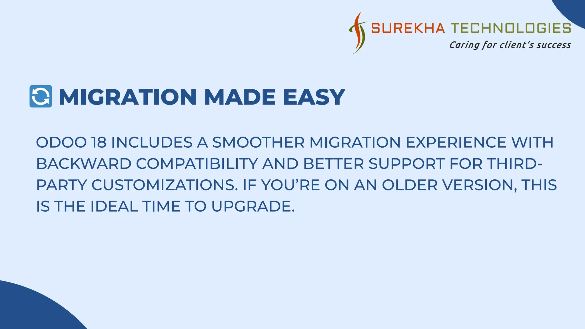 🔄MIGRATION MADE EASY
ODOO 18 INCLUDES A SMOOTHER MIGRATION EXPERIENCE WITH
BACKWARD COMPATIBILITY AND BETTER SUPPORT FOR THIRD-
PARTY CUSTOMIZATIONS. IF YOU’RE ON AN OLDER VERSION, THIS
IS THE IDEAL TIME TO UPGRADE.
 