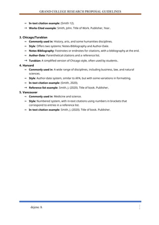 GRAND COLLEGE RESEARCH PROPOSAL GUIDELINES
→ In-text citation example: (Smith 12).
→ Works Cited example: Smith, John. Title of Work. Publisher, Year.
3. Chicago/Turabian
→ Commonly used in: History, arts, and some humanities disciplines.
→ Style: Offers two systems: Notes-Bibliography and Author-Date.
→ Notes-Bibliography: Footnotes or endnotes for citations, with a bibliography at the end.
→ Author-Date: Parenthetical citations and a reference list.
→ Turabian: A simplified version of Chicago style, often used by students.
4. Harvard
→ Commonly used in: A wide range of disciplines, including business, law, and natural
sciences.
→ Style: Author-date system, similar to APA, but with some variations in formatting.
→ In-text citation example: (Smith, 2020).
→ Reference list example: Smith, J. (2020). Title of book. Publisher.
5. Vancouver
→ Commonly used in: Medicine and science.
→ Style: Numbered system, with in-text citations using numbers in brackets that
correspond to entries in a reference list.
→ In-text citation example: Smith, J. (2020). Title of book. Publisher.
dejene A
2
3
 