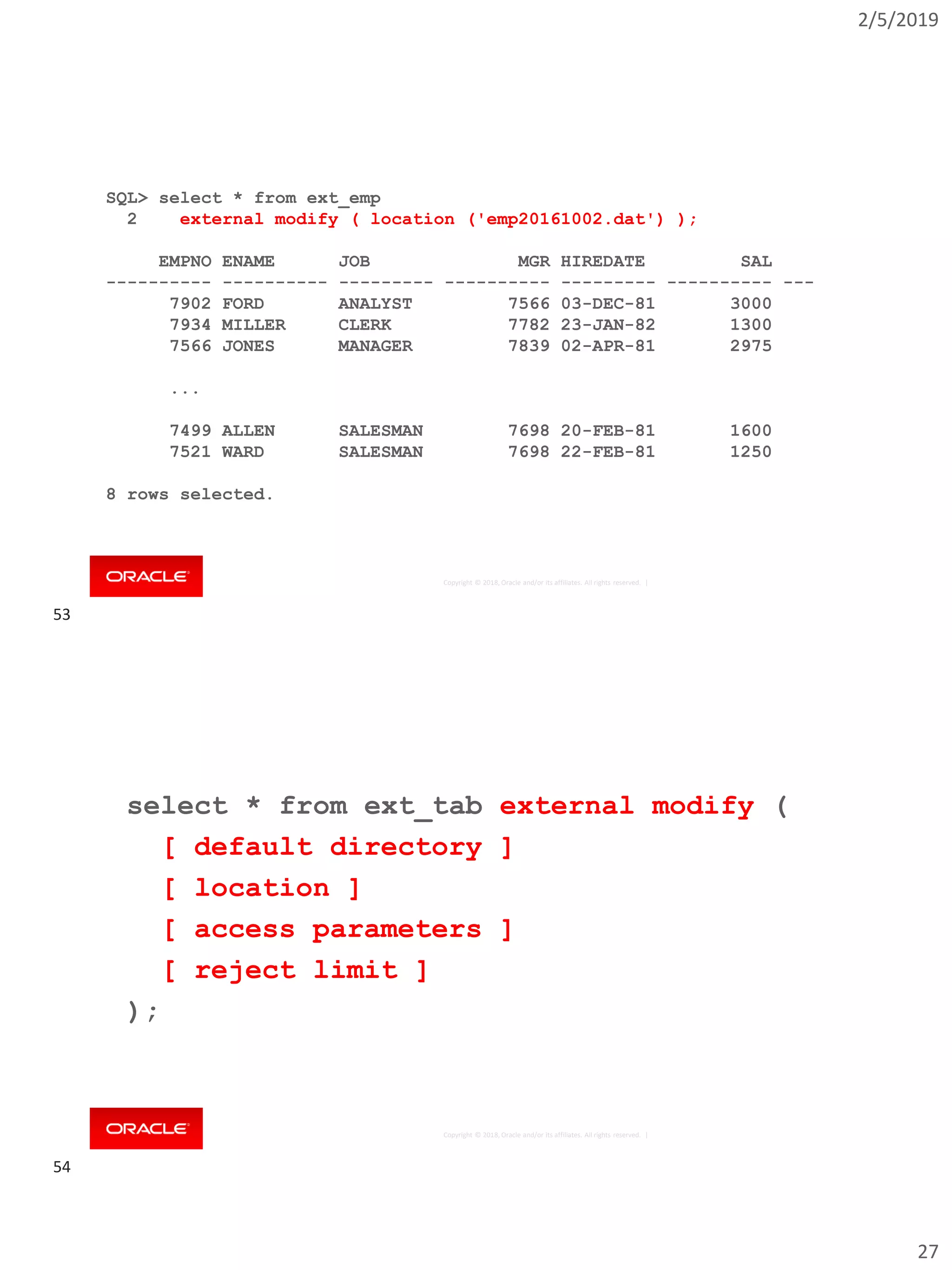 2/5/2019
27
Copyright © 2018, Oracle and/or its affiliates. All rights reserved. |
SQL> select * from ext_emp
2 external modify ( location ('emp20161002.dat') );
EMPNO ENAME JOB MGR HIREDATE SAL
---------- ---------- --------- ---------- --------- ---------- ---
7902 FORD ANALYST 7566 03-DEC-81 3000
7934 MILLER CLERK 7782 23-JAN-82 1300
7566 JONES MANAGER 7839 02-APR-81 2975
...
7499 ALLEN SALESMAN 7698 20-FEB-81 1600
7521 WARD SALESMAN 7698 22-FEB-81 1250
8 rows selected.
Copyright © 2018, Oracle and/or its affiliates. All rights reserved. |
select * from ext_tab external modify (
[ default directory ]
[ location ]
[ access parameters ]
[ reject limit ]
);
53
54
 
