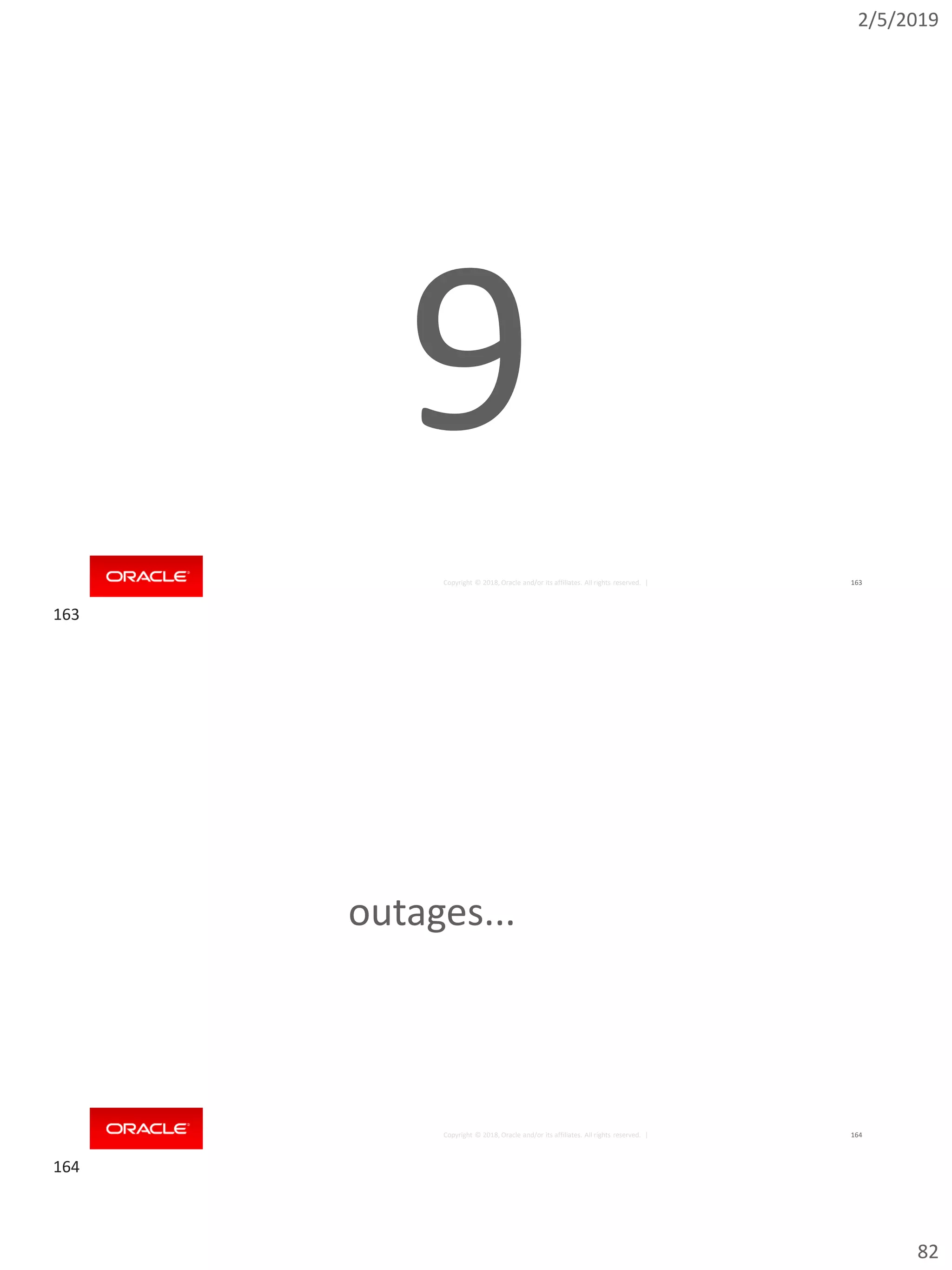 2/5/2019
82
Copyright © 2018, Oracle and/or its affiliates. All rights reserved. | 163
9
Copyright © 2018, Oracle and/or its affiliates. All rights reserved. | 164
outages... suck
163
164
 