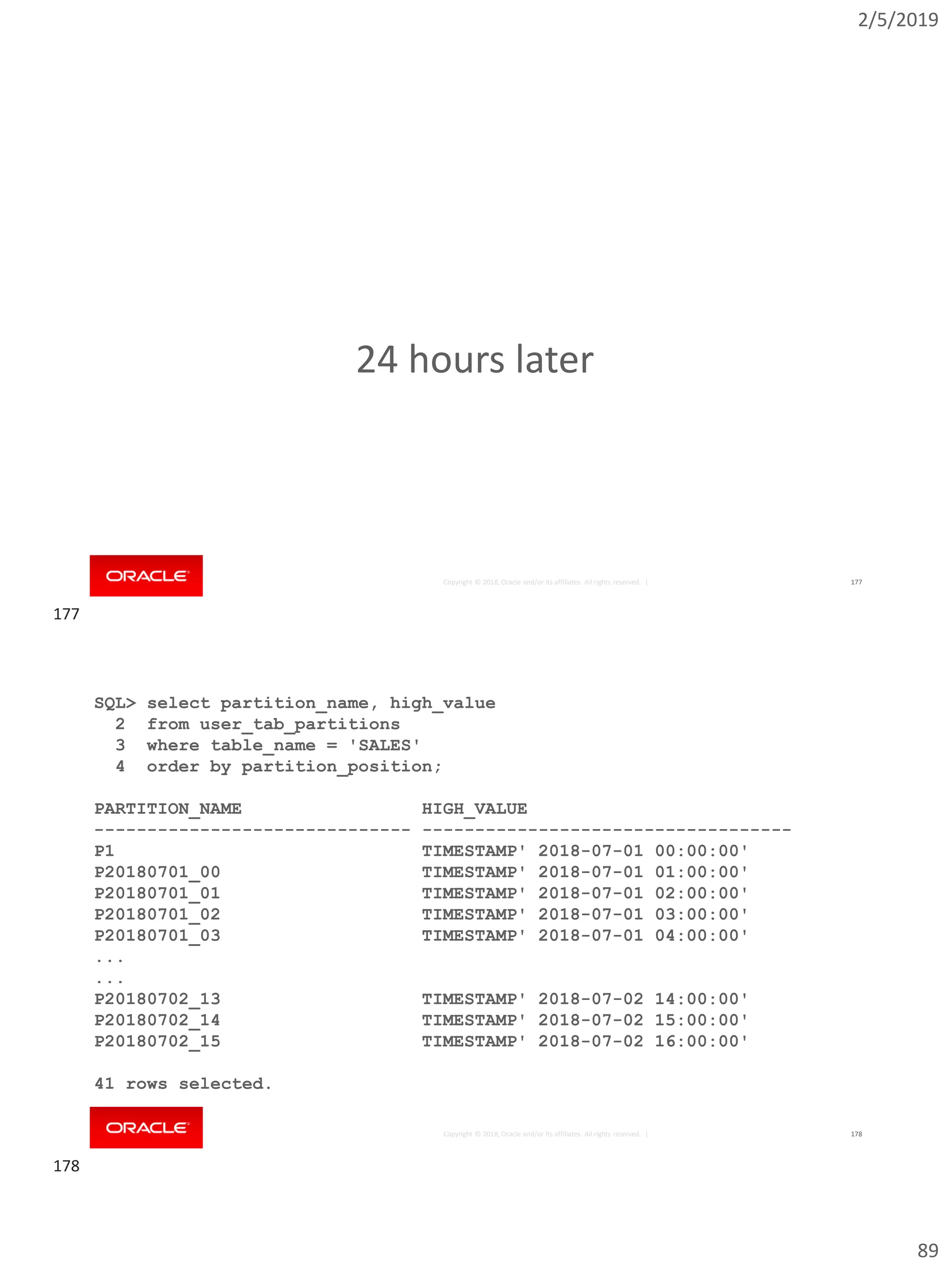2/5/2019
89
Copyright © 2018, Oracle and/or its affiliates. All rights reserved. | 177
24 hours later
Copyright © 2018, Oracle and/or its affiliates. All rights reserved. | 178
SQL> select partition_name, high_value
2 from user_tab_partitions
3 where table_name = 'SALES'
4 order by partition_position;
PARTITION_NAME HIGH_VALUE
------------------------------ -----------------------------------
P1 TIMESTAMP' 2018-07-01 00:00:00'
P20180701_00 TIMESTAMP' 2018-07-01 01:00:00'
P20180701_01 TIMESTAMP' 2018-07-01 02:00:00'
P20180701_02 TIMESTAMP' 2018-07-01 03:00:00'
P20180701_03 TIMESTAMP' 2018-07-01 04:00:00'
...
...
P20180702_13 TIMESTAMP' 2018-07-02 14:00:00'
P20180702_14 TIMESTAMP' 2018-07-02 15:00:00'
P20180702_15 TIMESTAMP' 2018-07-02 16:00:00'
41 rows selected.
177
178
 