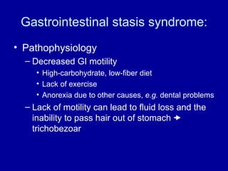 Gastrointestinal stasis syndrome: Pathophysiology Decreased GI motility  High-carbohydrate, low-fiber diet  Lack of exercise Anorexia due to other causes,  e.g.  dental problems Lack of motility can lead to fluid loss and the inability to pass hair out of stomach    trichobezoar 