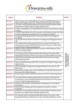 CODE TOPICS FIELD
DWTPE-1 20 mV Input, 4.2 V Output Boost Converter with Methodology of
Maximum Output Power for Thermoelectric Energy Harvesting
IEEE2016/POWER
ELECTRONICS
DWTPE-2 A Family of Isolated Buck-Boost Converters Based on Semi-Active
Rectifiers for High Output Voltage Applications
DWTPE-3 A New Transformer Less Buck-Boost Converter with Positive Output
Voltage
DWTPE-4 A Novel Buck-Boost AC-AC Converter with Both Inverting and Non-
Inverting Operations and Without Commutation Problem
DWTPE-5 A Three Switching State Boost Converter Mixed with Magnetic
Coupling
and Voltage Multiplier Techniques for High Gain ConversionDWTPE-6 An Active Power Factor Correction Technique for Bridgeless Boost
AC-
DC ConverterDWTPE-7 An Isolated Soft-switching Buck-Boost Converter Utilizing Two
Transformers and Embedded Bidirectional Switches on Secondary-
side for Wide Voltage Applications
DWTPE-8 Digital Noninverting Buck-Boost Converter with Enhanced Duty
Cycle-Overlap Control
DWTPE-9 Full-Range Soft-Switching Isolated Buck-Boost Converters with
Integrated Interleaved Boost Converter and Phase-Shifted Control
DWTPE-10 High Efficient Multiple-input Buck-Boost Converter for Energy
Harvesting Systems
DWTPE-11 Non-isolated Interleaved DC-DC Converter for High Voltage Gain
Applications
DWTPE-12 ZVS-ZCS High Voltage Gain Integrated Boost Converter for DC
Micro grid
DWTPE-13 Simulation, Construction, and Validation of a DC/DC Buck Power
Converter–DC Motor System
DWTPE-14 Fuzzy Logic Control of Buck Converter for Photo Voltaic Emulator
DWTPE-15 An Isolated Soft-switching Buck-Boost Converter Utilizing Two
Transformers and Embedded Bidirectional Switches on Secondary-
side for Wide Voltage Applications
DWTPE-16 Analysis and Design Considerations of Integrated 3-Level Buck
Converters
DWTPE-17 Closed-Loop Design and Time-Optimal Control for a Series-
Capacitor
Buck ConverterDWTPE-18 A Family of Isolated Buck-Boost Converters Based on Semi-Active
Rectifiers for High Output Voltage Applications
DWTPE-19 Full-Range Soft-Switching Isolated Buck-Boost Converters with
Integrated Interleaved Boost Converter and Phase-Shifted Control
 