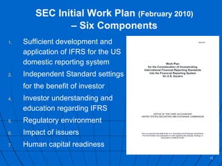 SEC Initial Work Plan  (February 2010) –  Six Components Sufficient development and application of IFRS for the US domestic reporting system Independent Standard settings  for the benefit of investor Investor understanding and education regarding IFRS Regulatory environment Impact of issuers Human capital readiness 