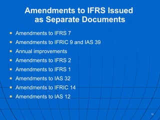 Amendments to IFRS Issued  as Separate Documents Amendments to IFRS 7 Amendments to IFRIC 9 and IAS 39 Annual improvements Amendments to IFRS 2 Amendments to IFRS 1 Amendments to IAS 32 Amendments to IFRIC 14 Amendments to IAS 12 