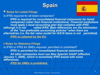 Spain Rules for Listed Filings Is IFRS required for all listed companies? IFRS is required for consolidated financial statements for listed  companies (other than financial institutions). Financial institutions  must apply a local accounting plan that complies with IFRS  although it is not  called IFRS. Main differences are the elimination  of the “non preferable accounting policies” when there are  alternatives (i.e. the fair value model for IAS16 items is not  permitted).   IFRS as adopted by the EU . Rules for Statutory Filings Is IFRS or IFRS for SMEs required, permitted or prohibited? IFRS is permitted for consolidated financial statements.  All other companies must use New Spanish GAAP (effective  January 1, 2008), which is essentially IFRS based with some  differences.  IFRS for SMEs is prohibited.  IFRS adoption by country – www.pwc.com 