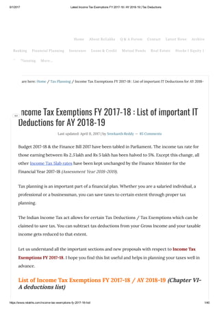 Latest income tax exemptions fy 2017 18 ay 2018-19 - tax 