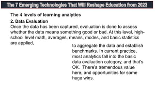 2. Data Evaluation
Once the data has been captured, evaluation is done to assess
whether the data means something good or bad. At this level, high-
school level math, averages, means, modes, and basic statistics
are applied,
The 4 levels of learning analytics
to aggregate the data and establish
benchmarks. In current practice,
most analytics fall into the basic
data evaluation category, and that’s
OK. There’s tremendous value
here, and opportunities for some
huge wins.
 
