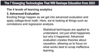 3. Advanced Evaluation
Exciting things happen as we get into advanced evaluation and
apply college-level math. Here, we’re looking at things such as
correlations and regression analysis.
The 4 levels of learning analytics
Statistical techniques are applied to
understand, not just what happened,
but why it happened. Advanced
evaluation creates theories about
causation, allowing us to focus on
what works best to scrap ineffective
learning.
 