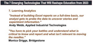 "Instead of building Excel reports on a full-time basis, our
analyst gets to probe the data to uncover stories and
experiment information."
Andy Webb, Applied Industrial Technologies
"You have to pick your battles and understand what is
critical to know and report and what isn't relevant to moving
the needles."
Monica Griggs, Bridgestone
7. Learning Analytics
 