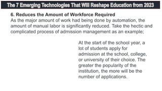 6. Reduces the Amount of Workforce Required
As the major amount of work had being done by automation, the
amount of manual labor is significantly reduced. Take the hectic and
complicated process of admission management as an example;
At the start of the school year, a
lot of students apply for
admission at the school, college,
or university of their choice. The
greater the popularity of the
institution, the more will be the
number of applications.
 