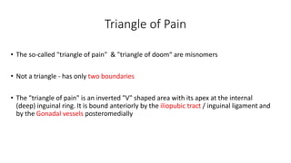 Triangle of Pain
• The so-called "triangle of pain" & "triangle of doom“ are misnomers
• Not a triangle - has only two boundaries
• The "triangle of pain" is an inverted "V" shaped area with its apex at the internal
(deep) inguinal ring. It is bound anteriorly by the iliopubic tract / inguinal ligament and
by the Gonadal vessels posteromedially
 
