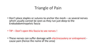 Triangle of Pain
• Don’t place staples or sutures to anchor the mesh – as several nerves
which usually cannot be seen as they run just deep to the
Endoabdominopelvic fascia
• TIP – Don’t open this fascia to see nerves !
• These nerves can suffer damage with electrocautery or entrapment -
cause pain (hence the name of the area)
 