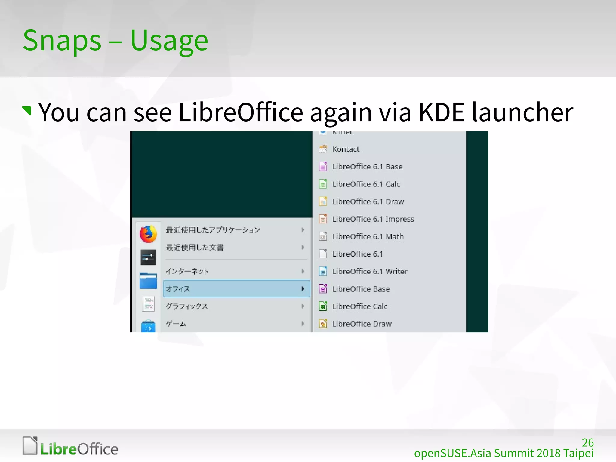 26
openSUSE.Asia Summit 2018 Taipei
Snaps – Usage
You can see LibreOffice again via KDE launcher
 