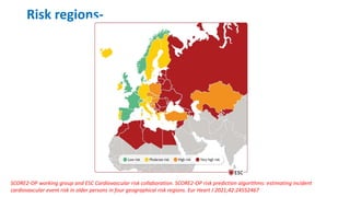 Risk regions-
SCORE2-OP working group and ESC Cardiovascular risk collaboration. SCORE2-OP risk prediction algorithms: estimating incident
cardiovascular event risk in older persons in four geographical risk regions. Eur Heart J 2021;42:24552467
 