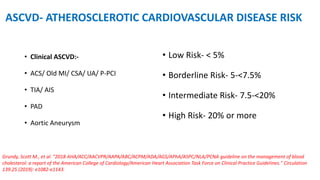 ASCVD- ATHEROSCLEROTIC CARDIOVASCULAR DISEASE RISK
• Clinical ASCVD:-
• ACS/ Old MI/ CSA/ UA/ P-PCI
• TIA/ AIS
• PAD
• Aortic Aneurysm
• Low Risk- < 5%
• Borderline Risk- 5-<7.5%
• Intermediate Risk- 7.5-<20%
• High Risk- 20% or more
Grundy, Scott M., et al. "2018 AHA/ACC/AACVPR/AAPA/ABC/ACPM/ADA/AGS/APhA/ASPC/NLA/PCNA guideline on the management of blood
cholesterol: a report of the American College of Cardiology/American Heart Association Task Force on Clinical Practice Guidelines." Circulation
139.25 (2019): e1082-e1143.
 
