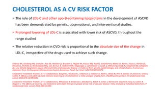 CHOLESTEROL AS A CV RISK FACTOR
• The role of LDL-C and other apo-B-containing lipoproteins in the development of ASCVD
has been demonstrated by genetic, observational, and interventional studies.
• Prolonged lowering of LDL-C is associated with lower risk of ASCVD, throughout the
range studied
• The relative reduction in CVD risk is proportional to the absolute size of the change in
LDL-C, irrespective of the drugs used to achieve such change.
Ference BA, Ginsberg HN, Graham I, Ray KK, Packard CJ, Bruckert E, Hegele RA, Krauss RM, Raal FJ, Schunkert H, Watts GF, Boren J, Fazio S, Horton JD,
Masana L, Nicholls SJ, Nordestgaard BG, van de Sluis B, Taskinen MR, Tokgozoglu L, Landmesser U, Laufs U, Wiklund O, Stock JK, Chapman MJ, Catapano
AL. Low-density lipoproteins cause atherosclerotic cardiovascular disease. 1. Evidence from genetic, epidemiologic, and clinical studies. A consensus
statement from the European Atherosclerosis Society Consensus Panel. Eur Heart J 2017;38:24592472.
Cholesterol Treatment Trialists’ (CTT) Collaboration, Baigent C, Blackwell L, Emberson J, Holland LE, Reith C, Bhala N, Peto R, Barnes EH, Keech A, Simes J,
Collins R. Efficacy and safety of more intensive lowering of LDL cholesterol: a meta-analysis of data from 170,000 participants in 26 randomised trials.
Lancet 2010;376:1670􏰀1681.
Cholesterol Treatment Trialists’ (CTT) Collaborators, Mihaylova B, Emberson J, Blackwell L, Keech A, Simes J, Barnes EH, Voysey M, Gray A, Collins R,
Baigent C. The effects of lowering LDL cholesterol with statin therapy in people at low risk of vascular disease: meta-analysis of individual data from 27
randomised trials. Lancet 2012;380:581590.
 