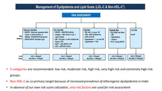 • 5 categories are recommended: low risk, moderate risk, high risk, very high risk and extremely high-risk
groups;
• Non-HDL-C as co-primary target because of increased prevalence of atherogenic dyslipidemia in India
• In absence of our own risk score calculator, only risk factors are used for risk assessment
 