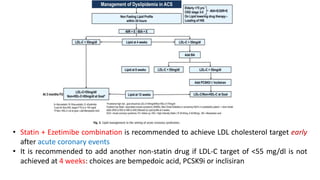 • Statin + Ezetimibe combination is recommended to achieve LDL cholesterol target early
after acute coronary events
• It is recommended to add another non-statin drug if LDL-C target of <55 mg/dl is not
achieved at 4 weeks: choices are bempedoic acid, PCSK9i or inclisiran
 