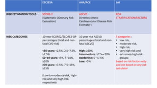 ESC/ESA AHA/ACC LAI
RISK ESTIMATION TOOLS SCORE-2
(Systematic COronary Risk
Evaluation)
ASCVD
(Arteriosclerotic
Cardiovascular Disease Risk
Estimator)
RISK
STRATIFICATION/FACTORS
RISK CATEGORIES 10-year SCORE2/SCORE2-OP
percentages (fatal and non-
fatal CVD risk)
<50 years: <2.5%, 2.5–7.5%,
≥7.5%
50–69 years: <5%, 5–10%,
≥10%
≥70 years: <7.5%, 7.5–15%,
≥15%
(Low-to-moderate-risk, high-
risk and very high-risk,
respectively
10-year risk ASCVD
percentages (fatal and non-
fatal ASCVD)
High: ≥20%
Intermediate: ≥7.5–<20%
Borderline: 5–<7.5%
Low: <5%
5 categories :
• low risk,
• moderate risk,
• high risk,
• very high risk and
• extremely high-risk
groups;
based on risk factors only
and not based on any risk
calculator
 
